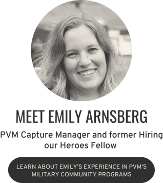 graphic with a headshot of a woman with text that reads "meet emily arnsberg - pvm capture manager and former hiring our heroes fellow"
